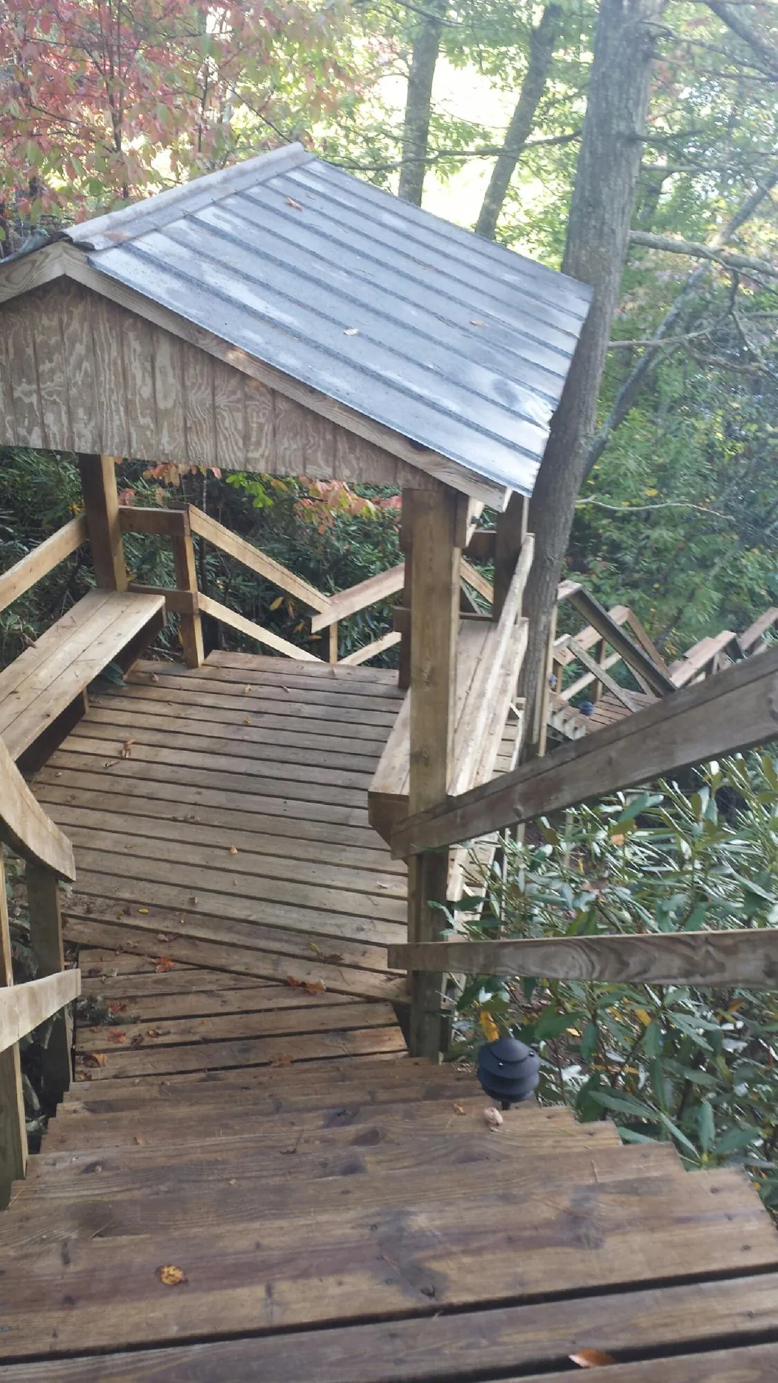 Metal roofed shelter over wooden steps on a wooded walkway — Skylight Repair & Installation work by our crew in Cave Junction